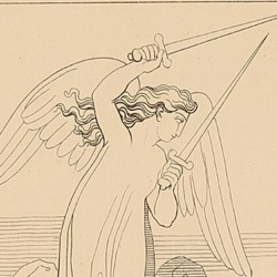 Two angels armed with flaming swords guard the entrance of the valley (Canto VIII. Plate 11)