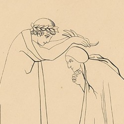 Virgilio purifica con una yerba mágica las manchas que ha recibido el Dante en el Infierno (Canto I. Lámina 2)