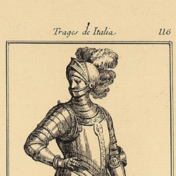 Traje de soldado del siglo XVI armado para montar a caballo