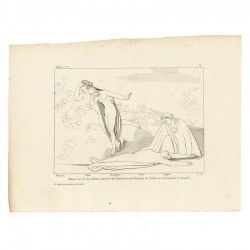 Dante upon hearing the fatal love affairs of Francesca of Rimini and Paul falls fainted at her feet (Chapter V. Plate 6)