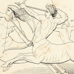 Al ver a Virgilio y Dante se adelantan tres centauros armados de flechas y otras armas arrojadizas (Capítulo XII. Lámina 13)