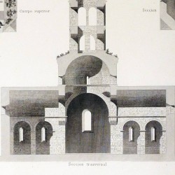 Plant, facades, sections and details of the Benedictine church of Saint Peter (Camprodón)