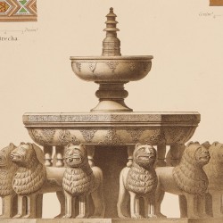 Central fountain and details of wood and marble from the Court of the Lions (Granada)