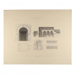 Ground plan, facade, longitudinal section and details of the Church of San Juan (Baños)
