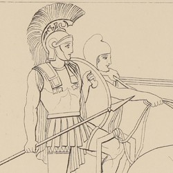 Héctor ordena a los jefes de los troyanos que bajen de sus carros para atacar a los griegos (Libro XII. Lámina 21)